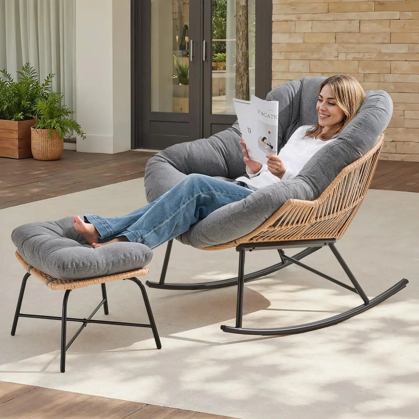 【Double-Side Fabric & SPOTLIGHT DAY】ONBRILL Oversized Indoor Outdoor Rocking Chairs, Comfy Papasan Rocking Chair with Padded Cushion, Rattan Wicker Lounge Chair, Modern Reading Accent Chair for Balcony Garden, Livingroom Furniture,Christmas Gift