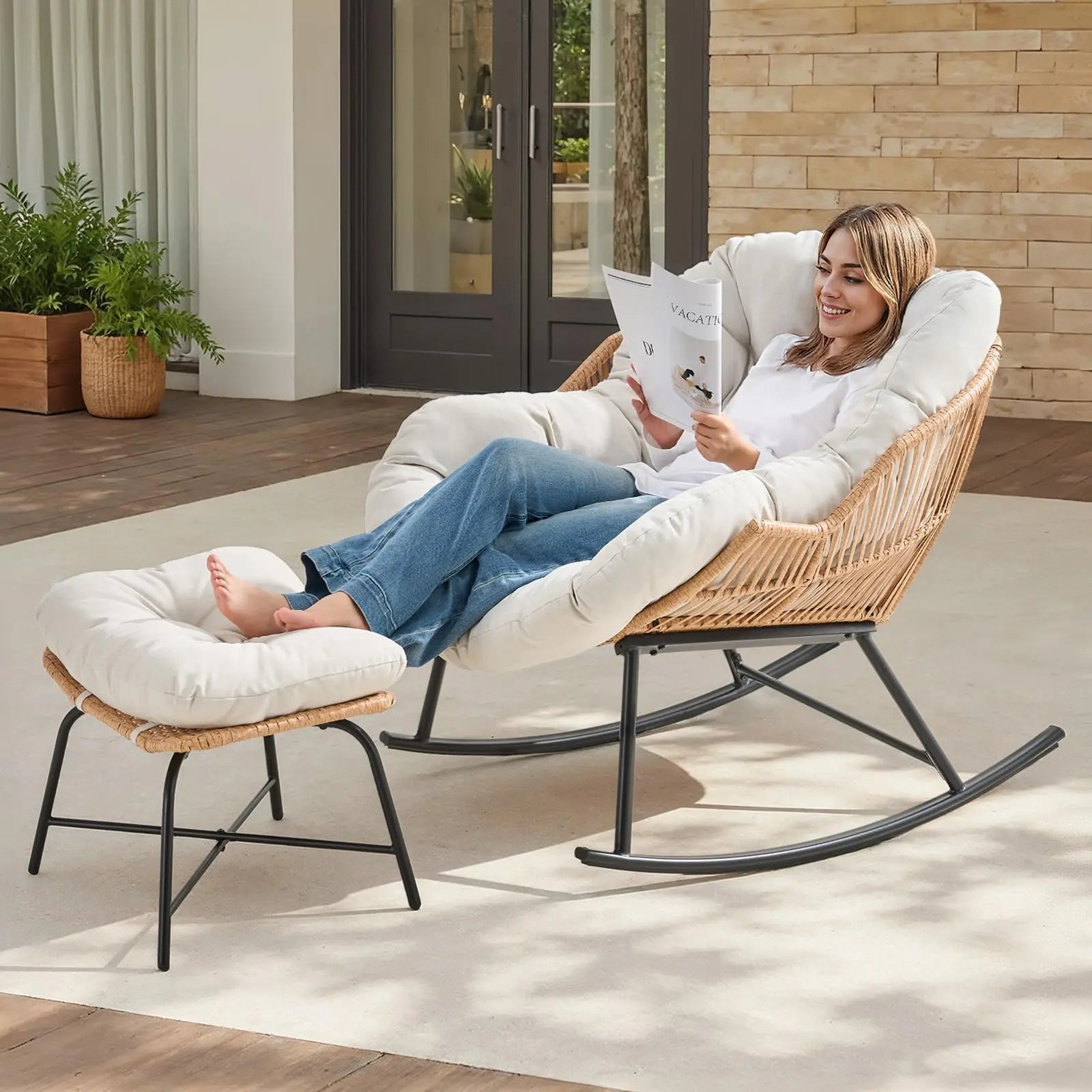 【Double-Side Fabric & SPOTLIGHT DAY】ONBRILL Oversized Indoor Outdoor Rocking Chairs, Comfy Papasan Rocking Chair with Padded Cushion, Rattan Wicker Lounge Chair, Modern Reading Accent Chair for Balcony Garden, Livingroom Furniture,Christmas Gift