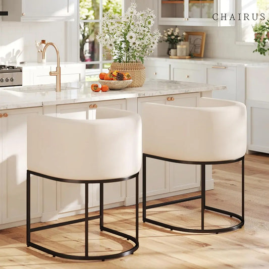 CHAIRUS 24" Counter Height Bar Stools, Modern Barrel Counter Stools with Backrest and Arms, Linen Fabric Bar Chairs with Black Metal Frames and Footrest,Upholstered Accent Bar Stools for Kitchen Island, Dining Room,Cream