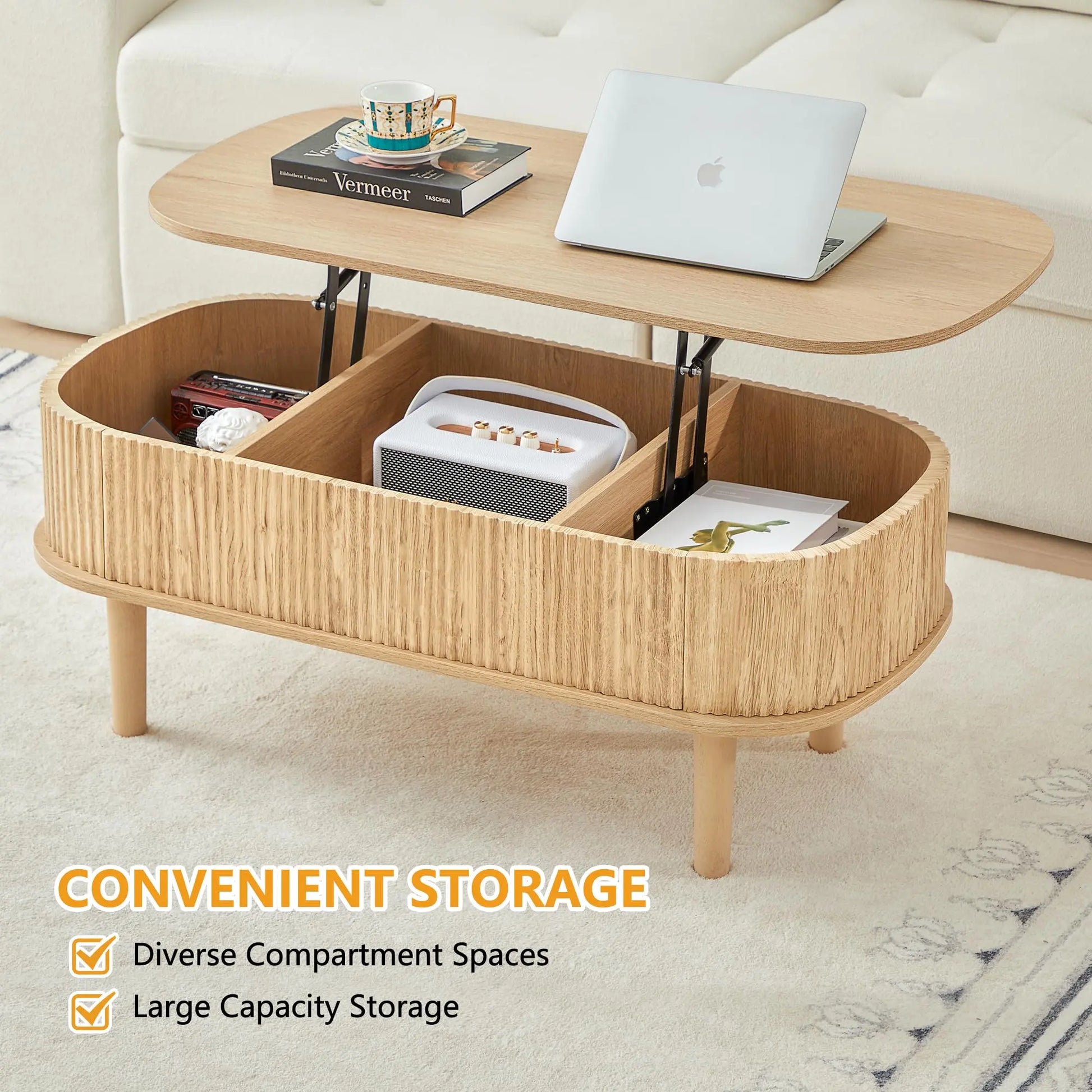 Giratree Fully Assembled Wooden Center Table, Fluted Lift Top Coffee Table with Hidden Compartment, Modern Oval Lift Tabletop for Home Living Room Office