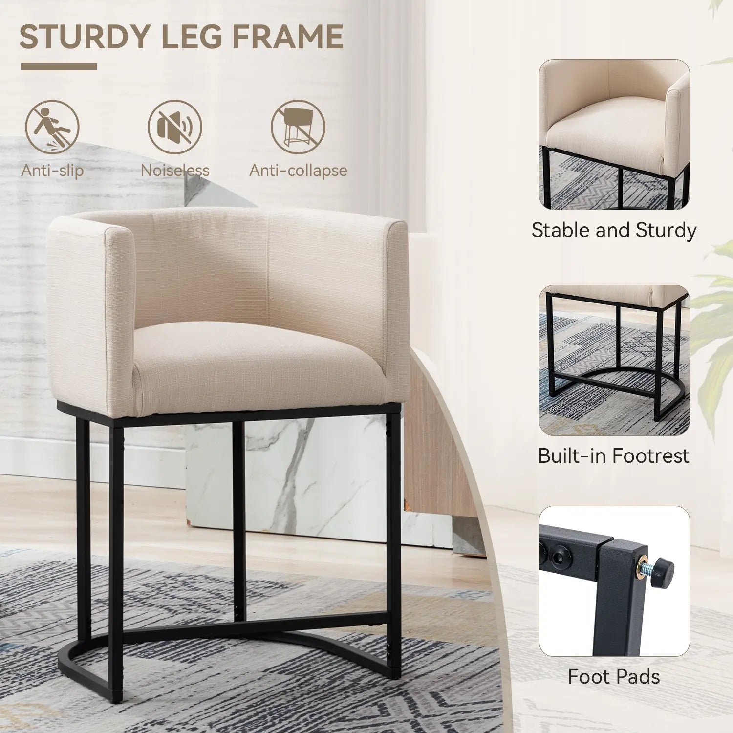 CHAIRUS 24" Counter Height Bar Stools, Modern Barrel Counter Stools with Backrest and Arms, Linen Fabric Bar Chairs with Black Metal Frames and Footrest,Upholstered Accent Bar Stools for Kitchen Island, Dining Room,Cream
