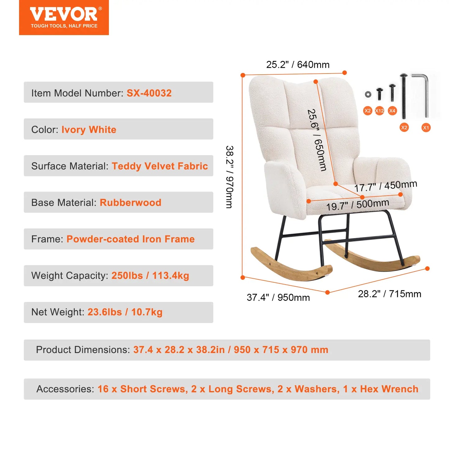 VEVOR Rocking Chair Nursery, Glider Rocking Chair with Soft Seat and High Backrest, 250 Lbs Weight Capacity Teddy Fabric, Upholstered Glider Rocker Chair for Nursery, Bedroom, Living Room, Ivory White
