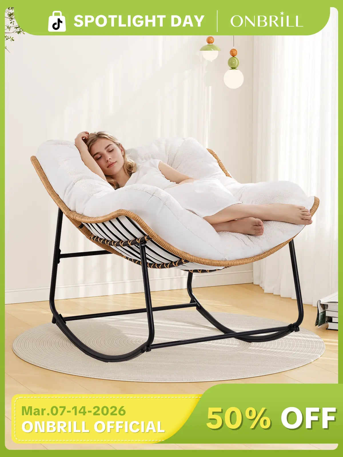 【Double-Side Fabric & SPOTLIGHT DAY】ONBRILL Oversized Indoor Outdoor Rocking Chairs, Comfy Papasan Rocking Chair with Padded Cushion, Rattan Wicker Lounge Chair, Modern Reading Accent Chair for Balcony Garden, Livingroom Furniture,Christmas Gift