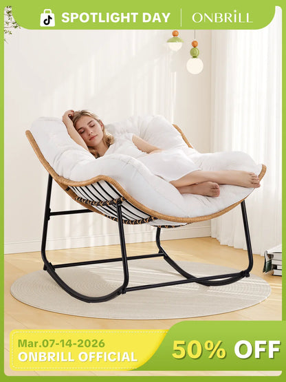 【Double-Side Fabric & SPOTLIGHT DAY】ONBRILL Oversized Indoor Outdoor Rocking Chairs, Comfy Papasan Rocking Chair with Padded Cushion, Rattan Wicker Lounge Chair, Modern Reading Accent Chair for Balcony Garden, Livingroom Furniture,Christmas Gift