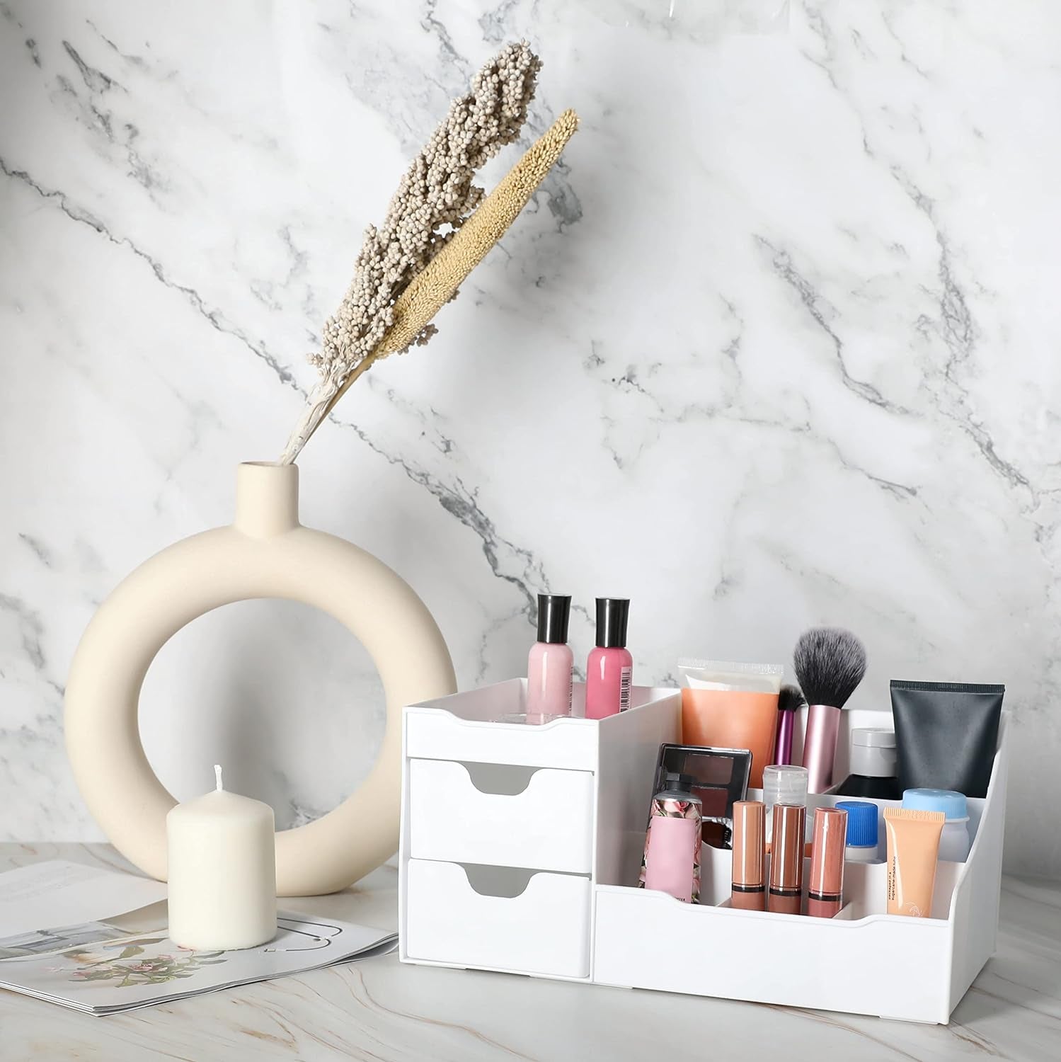 Elegant White Cosmetic Storage Organizer - Perfect for Your Vanity, Bathroom Counter, or Dresser - Effortlessly Organize Cosmetics, Jewelry, and Hair Accessories!