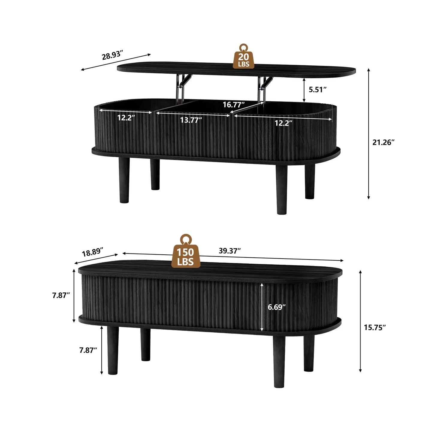 Giratree Fully Assembled Wooden Center Table, Fluted Lift Top Coffee Table with Hidden Compartment, Modern Oval Lift Tabletop for Home Living Room Office