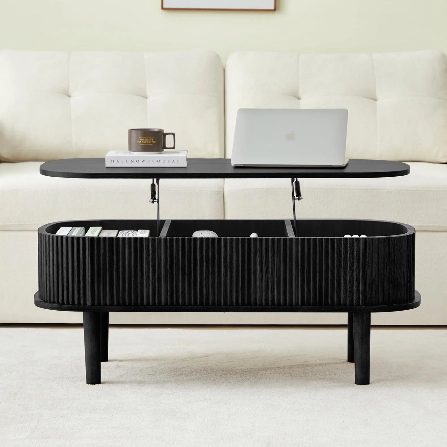 Giratree Fully Assembled Wooden Center Table, Fluted Lift Top Coffee Table with Hidden Compartment, Modern Oval Lift Tabletop for Home Living Room Office