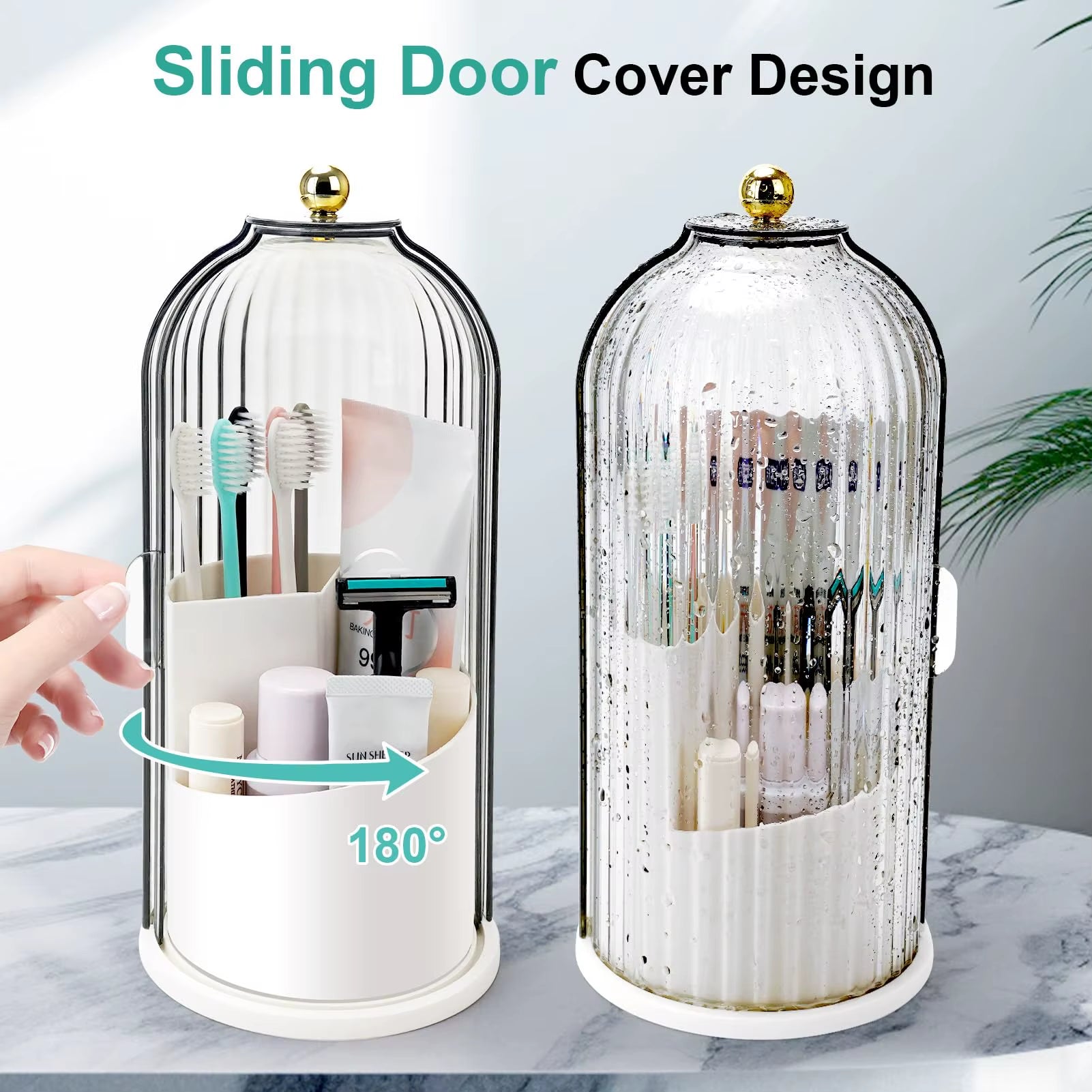 Toothbrush Holders with Sliding Lid, Rotating 3 Slots Bathroom Organizer Countertop, Tooth Brush Toothpaste Holder Bathroom Coun