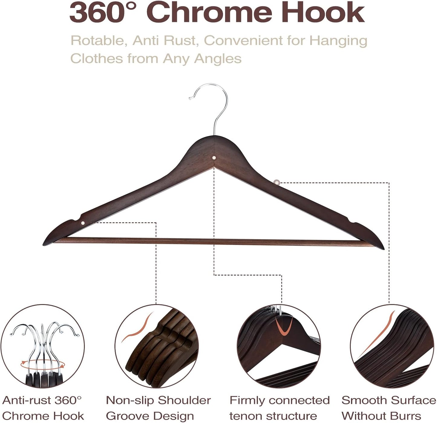 Premium 30 Pack Wooden Hangers - Elegant Smooth Finish with 360° Swivel Hook and Notches for Versatile Clothing Storage - Lightweight Walnut Wood for Coats, Suits, Dresses, and More