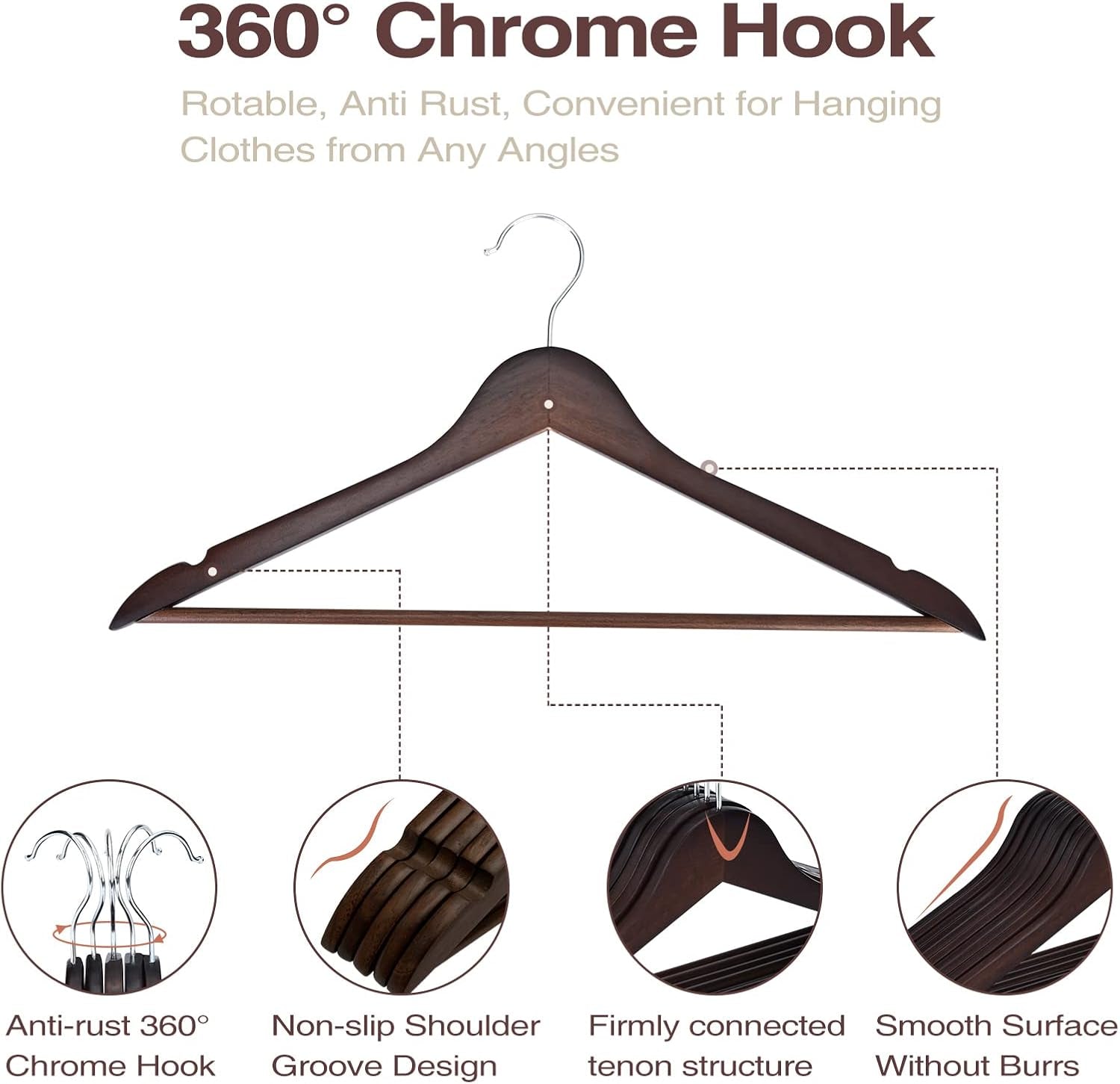Premium 30 Pack Wooden Hangers - Elegant Smooth Finish with 360° Swivel Hook and Notches for Versatile Clothing Storage - Lightweight Walnut Wood for Coats, Suits, Dresses, and More