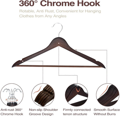 Premium 30 Pack Wooden Hangers - Elegant Smooth Finish with 360° Swivel Hook and Notches for Versatile Clothing Storage - Lightweight Walnut Wood for Coats, Suits, Dresses, and More