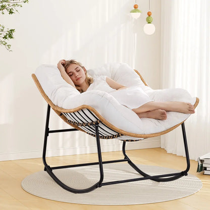 【Double-Side Fabric & SPOTLIGHT DAY】ONBRILL Oversized Indoor Outdoor Rocking Chairs, Comfy Papasan Rocking Chair with Padded Cushion, Rattan Wicker Lounge Chair, Modern Reading Accent Chair for Balcony Garden, Livingroom Furniture,Christmas Gift