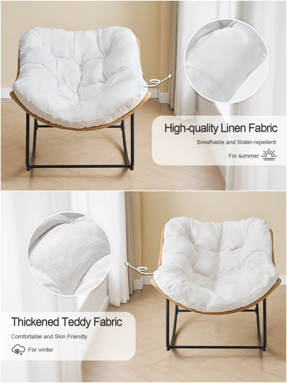 【Double-Side Fabric & SPOTLIGHT DAY】ONBRILL Oversized Indoor Outdoor Rocking Chairs, Comfy Papasan Rocking Chair with Padded Cushion, Rattan Wicker Lounge Chair, Modern Reading Accent Chair for Balcony Garden, Livingroom Furniture,Christmas Gift