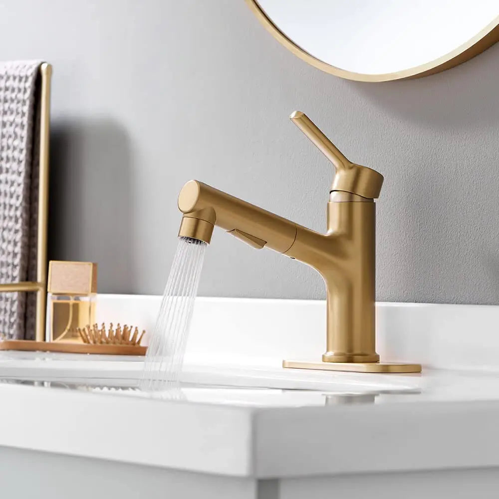 Bathroom Sink Faucet with Pull Out Sprayer Single Handle Modern Bathroom Basin Faucet Solid Brass Faucet for with Bathroom Sink Deck Plate 1 Hole with Cover Plat