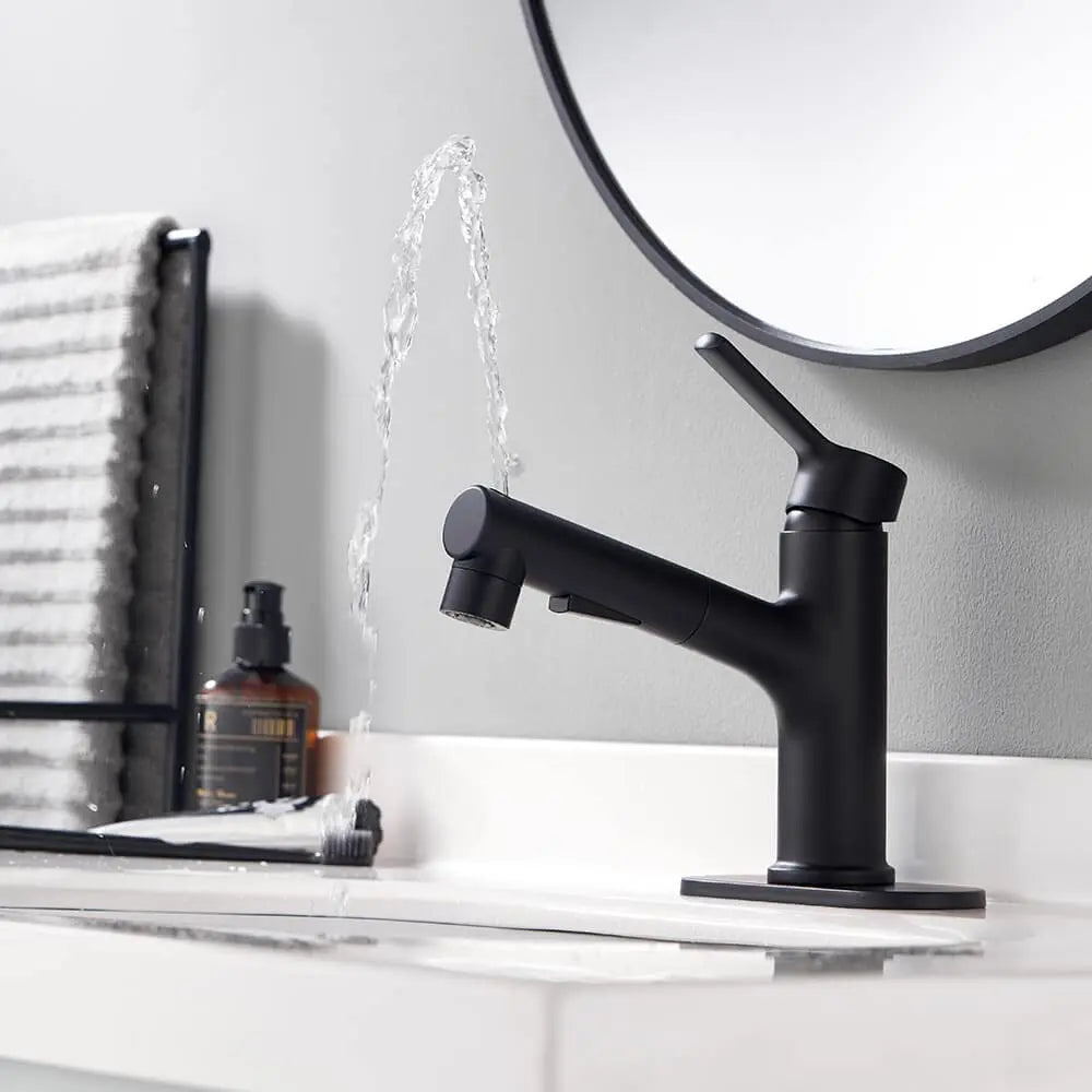 Bathroom Sink Faucet with Pull Out Sprayer Single Handle Modern Bathroom Basin Faucet Solid Brass Faucet for with Bathroom Sink Deck Plate 1 Hole with Cover Plat
