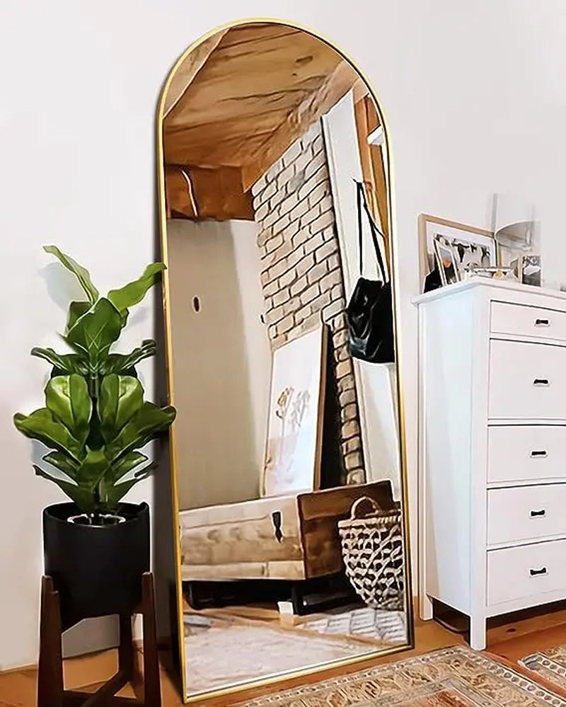 Full Length Black-Arched Floor Mirror with Stand Glassless Design for Bedroom or Living Room Aluminium Decor