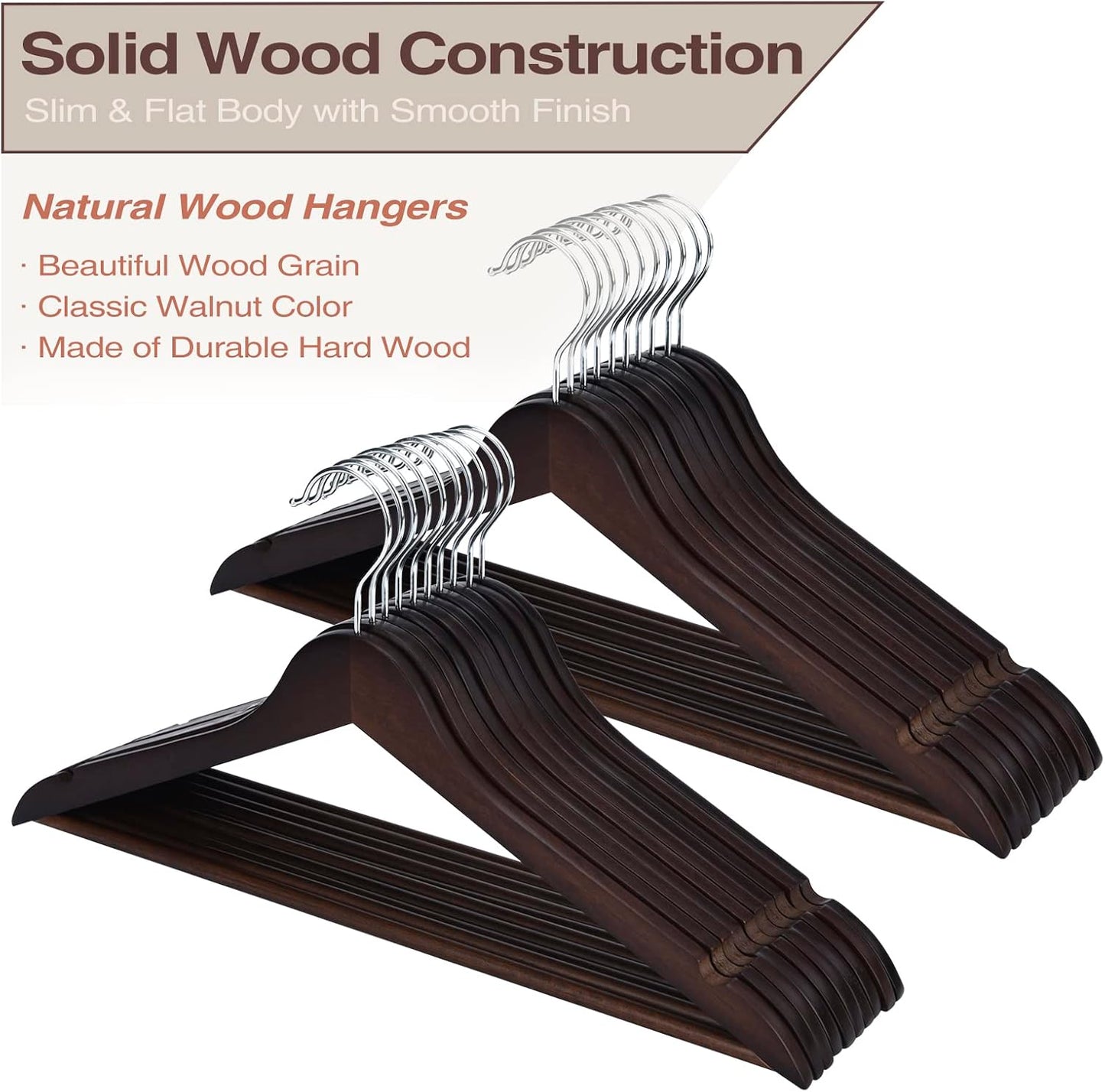 Premium 30 Pack Wooden Hangers - Elegant Smooth Finish with 360° Swivel Hook and Notches for Versatile Clothing Storage - Lightweight Walnut Wood for Coats, Suits, Dresses, and More