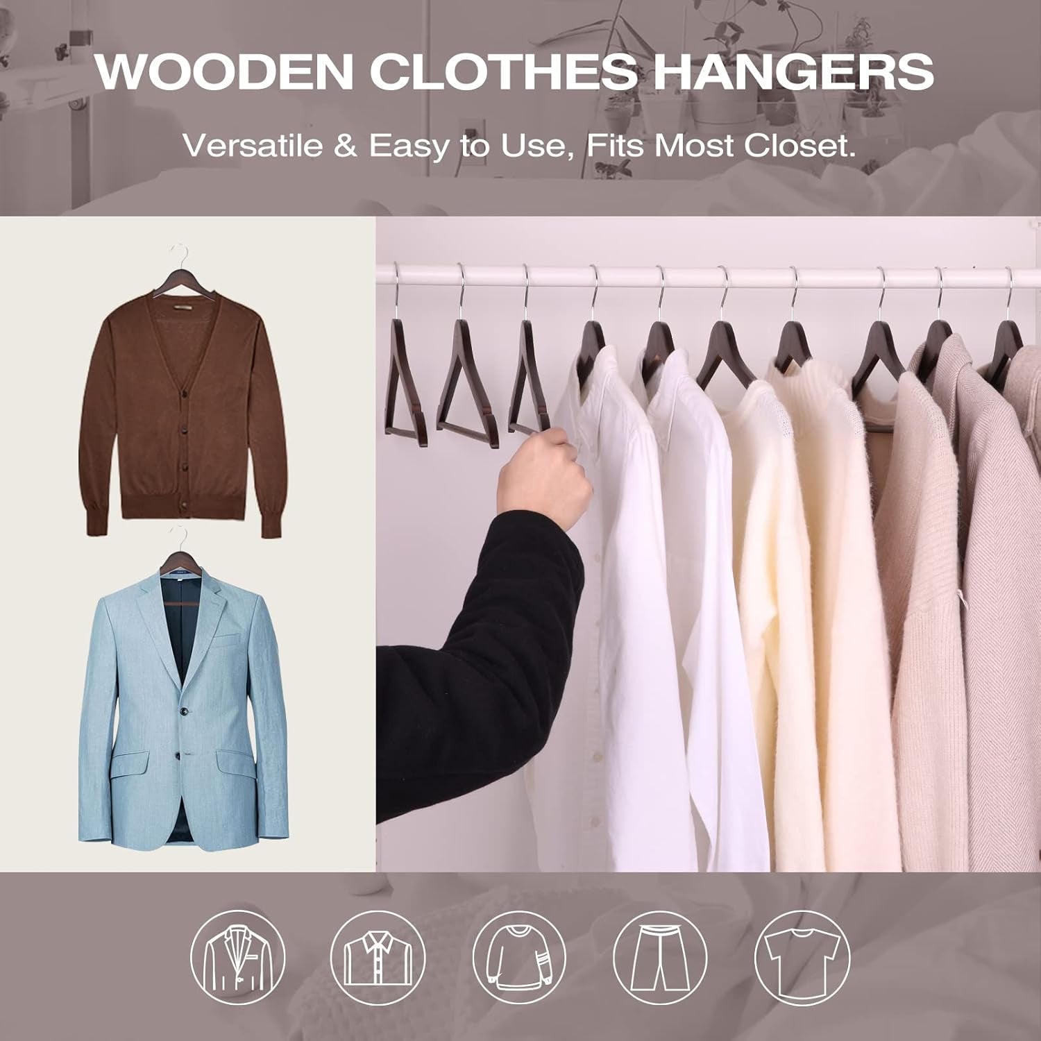 Premium 30 Pack Wooden Hangers - Elegant Smooth Finish with 360° Swivel Hook and Notches for Versatile Clothing Storage - Lightweight Walnut Wood for Coats, Suits, Dresses, and More