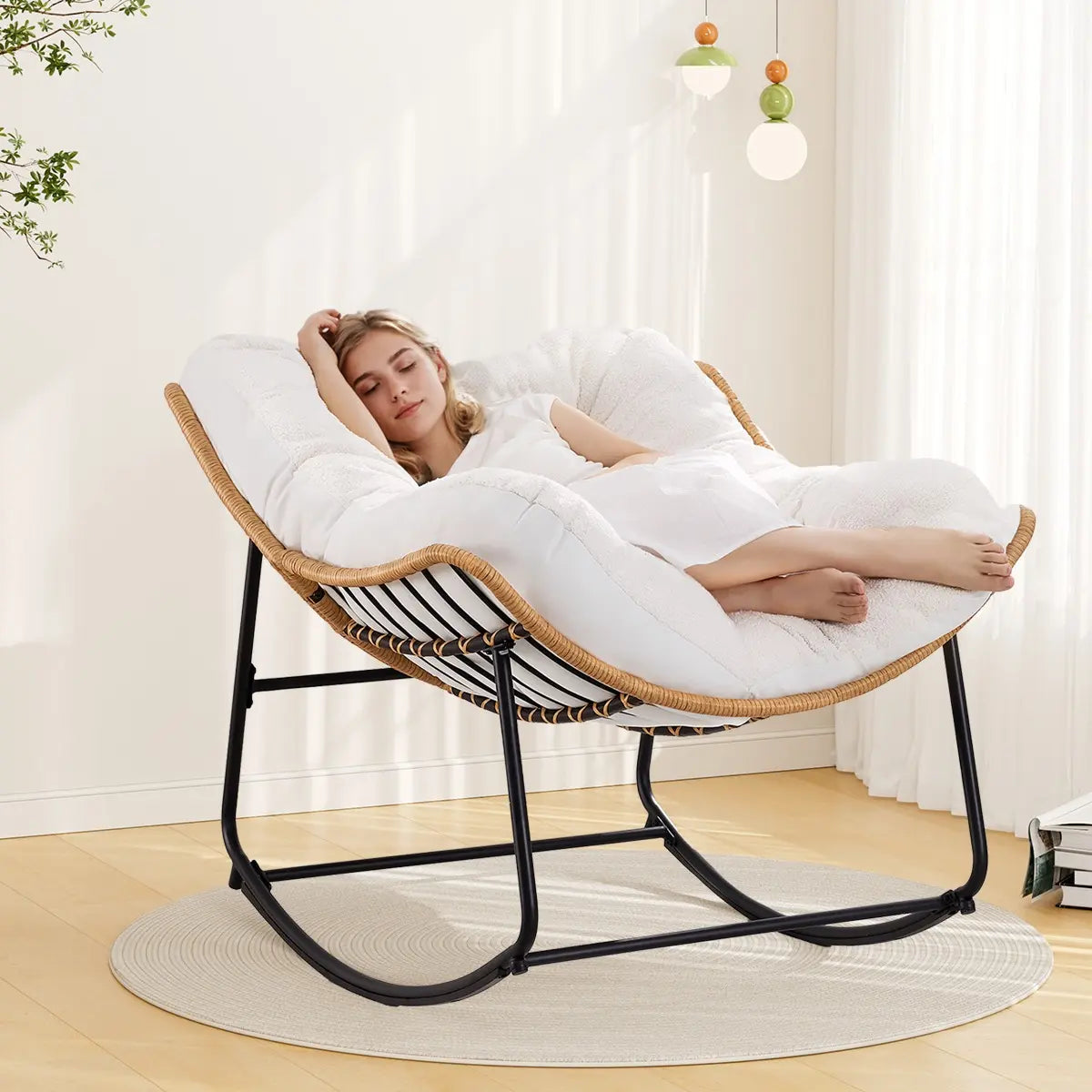 【Double-Side Fabric & SPOTLIGHT DAY】ONBRILL Oversized Indoor Outdoor Rocking Chairs, Comfy Papasan Rocking Chair with Padded Cushion, Rattan Wicker Lounge Chair, Modern Reading Accent Chair for Balcony Garden, Livingroom Furniture,Christmas Gift