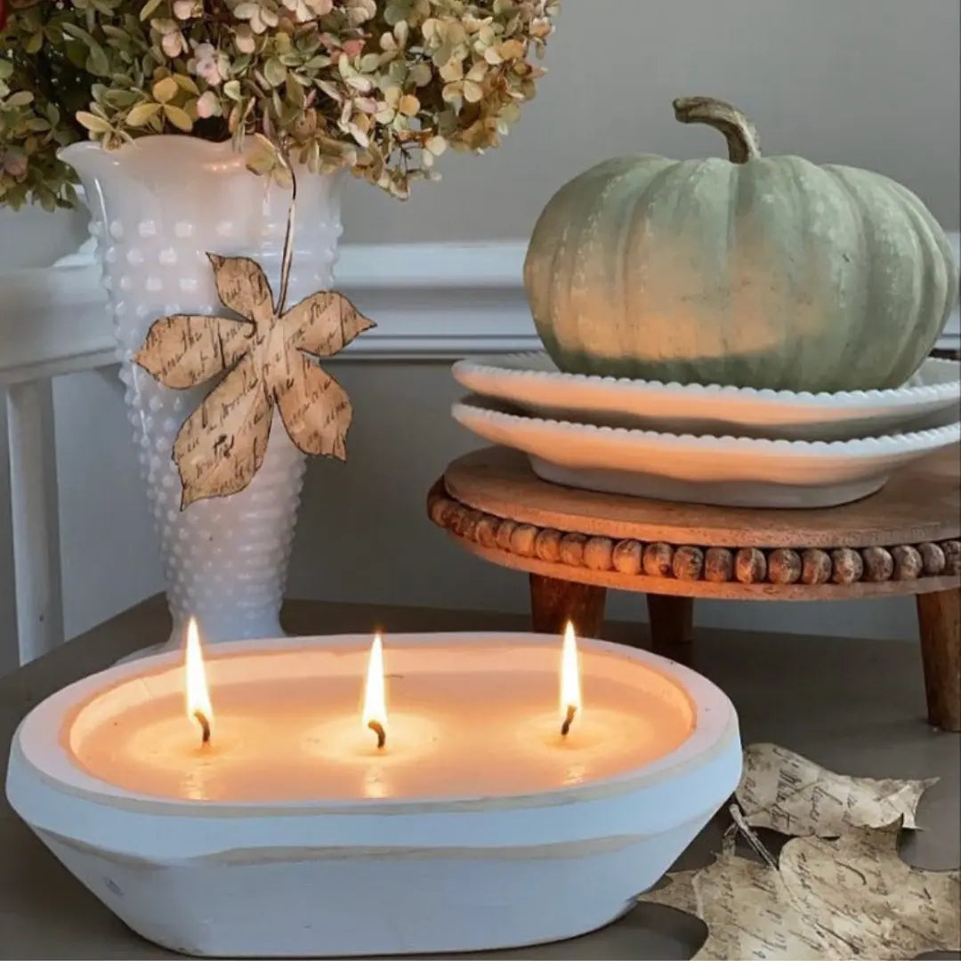 Farmhouse 3 Wick Dough Bowl Candle - Refillable Handmade Wood Bowl - Long Lasting Clean Fragrance - Centerpiece, Cozy