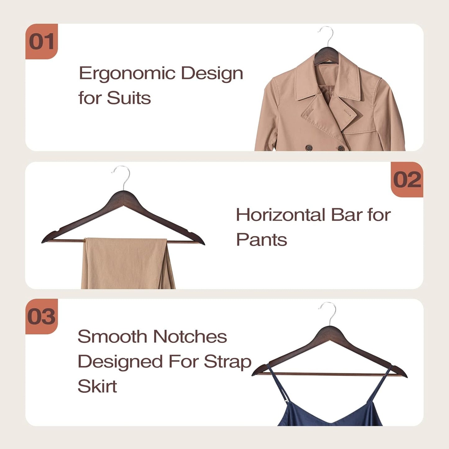 Premium 30 Pack Wooden Hangers - Elegant Smooth Finish with 360° Swivel Hook and Notches for Versatile Clothing Storage - Lightweight Walnut Wood for Coats, Suits, Dresses, and More