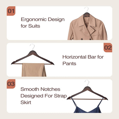 Premium 30 Pack Wooden Hangers - Elegant Smooth Finish with 360° Swivel Hook and Notches for Versatile Clothing Storage - Lightweight Walnut Wood for Coats, Suits, Dresses, and More