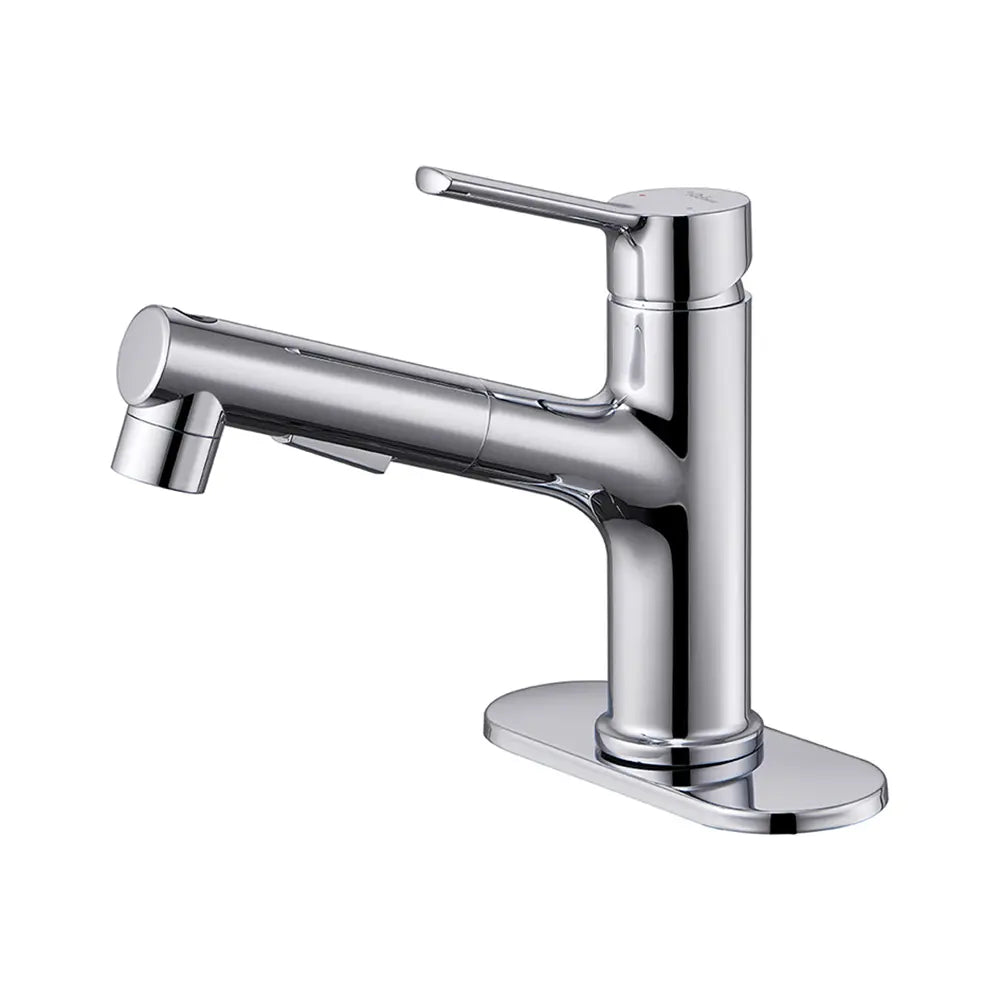 Bathroom Sink Faucet with Pull Out Sprayer Single Handle Modern Bathroom Basin Faucet Solid Brass Faucet for with Bathroom Sink Deck Plate 1 Hole with Cover Plat