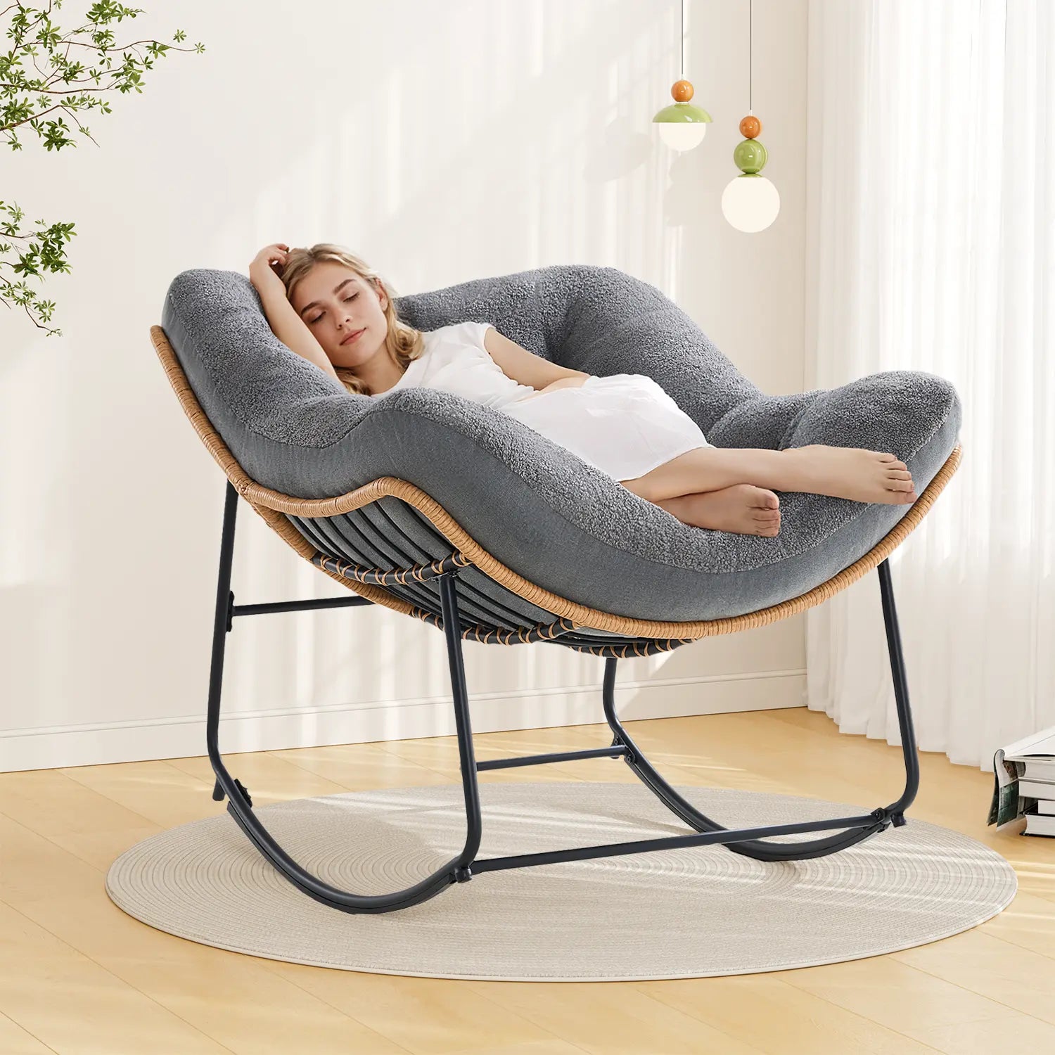 【Double-Side Fabric & SPOTLIGHT DAY】ONBRILL Oversized Indoor Outdoor Rocking Chairs, Comfy Papasan Rocking Chair with Padded Cushion, Rattan Wicker Lounge Chair, Modern Reading Accent Chair for Balcony Garden, Livingroom Furniture,Christmas Gift