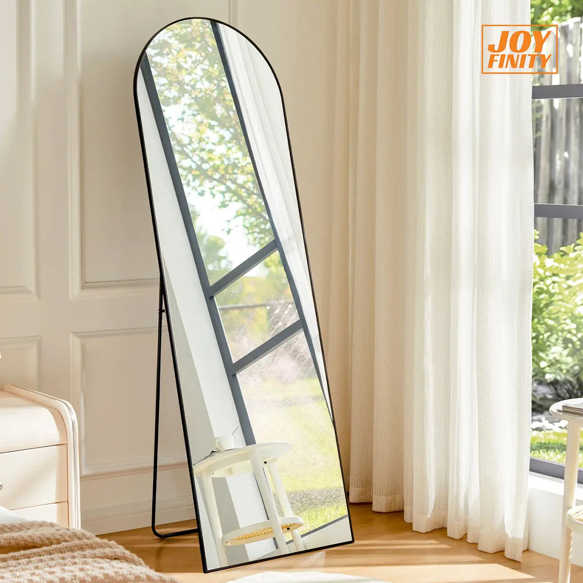 Full Length Black-Arched Floor Mirror with Stand Glassless Design for Bedroom or Living Room Aluminium Decor