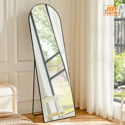 Full Length Black-Arched Floor Mirror with Stand Glassless Design for Bedroom or Living Room Aluminium Decor