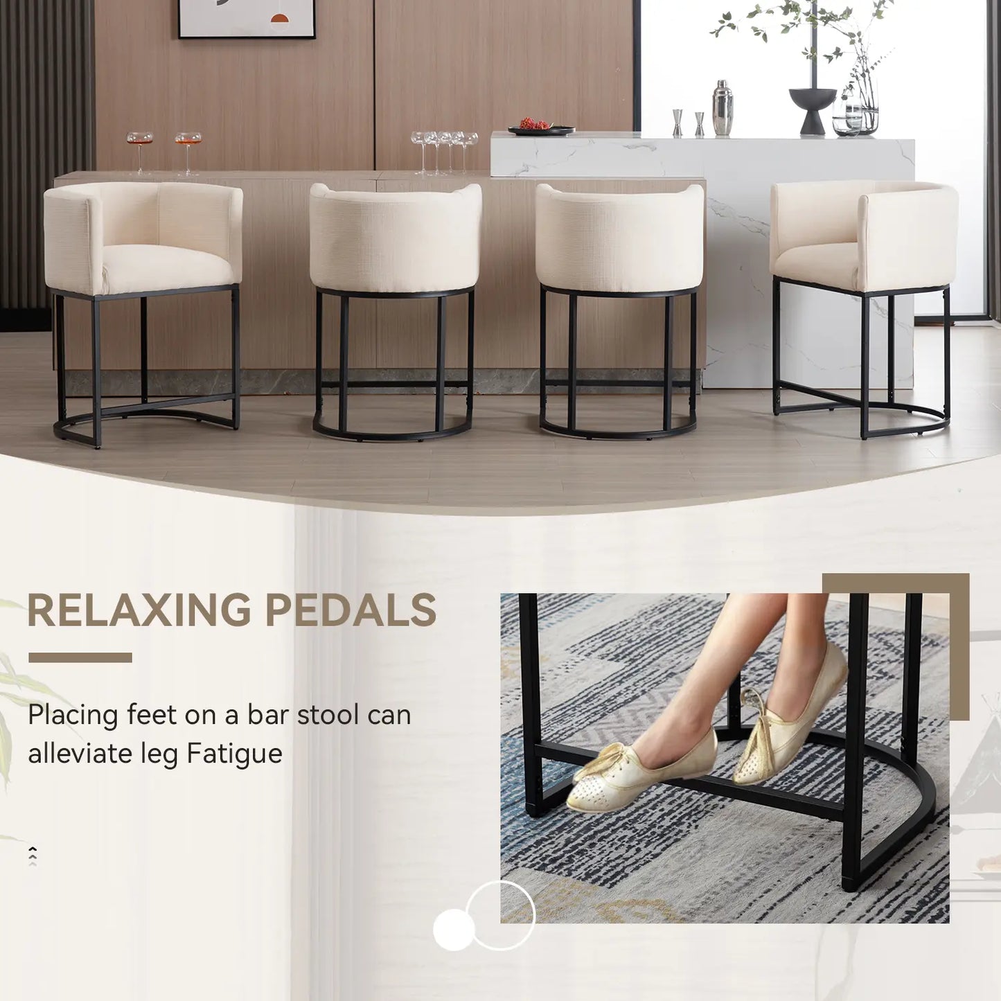 CHAIRUS 24" Counter Height Bar Stools, Modern Barrel Counter Stools with Backrest and Arms, Linen Fabric Bar Chairs with Black Metal Frames and Footrest,Upholstered Accent Bar Stools for Kitchen Island, Dining Room,Cream