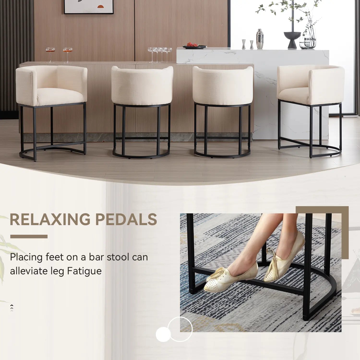 CHAIRUS 24" Counter Height Bar Stools, Modern Barrel Counter Stools with Backrest and Arms, Linen Fabric Bar Chairs with Black Metal Frames and Footrest,Upholstered Accent Bar Stools for Kitchen Island, Dining Room,Cream