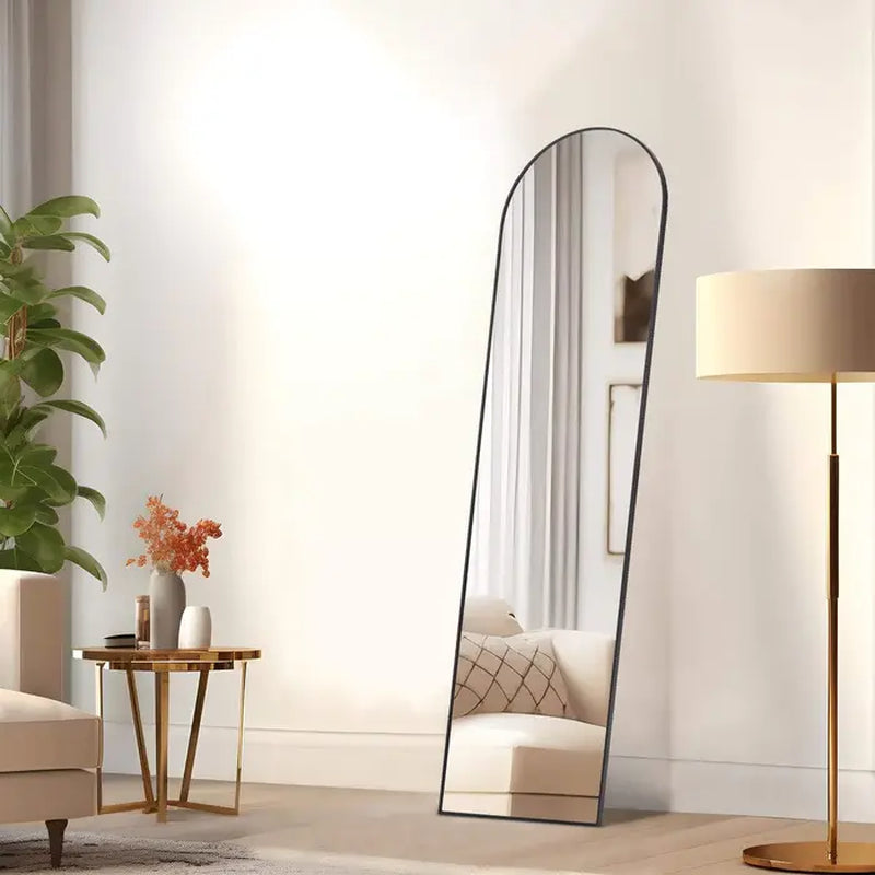 Full Length Black-Arched Floor Mirror with Stand Glassless Design for Bedroom or Living Room Aluminium Decor