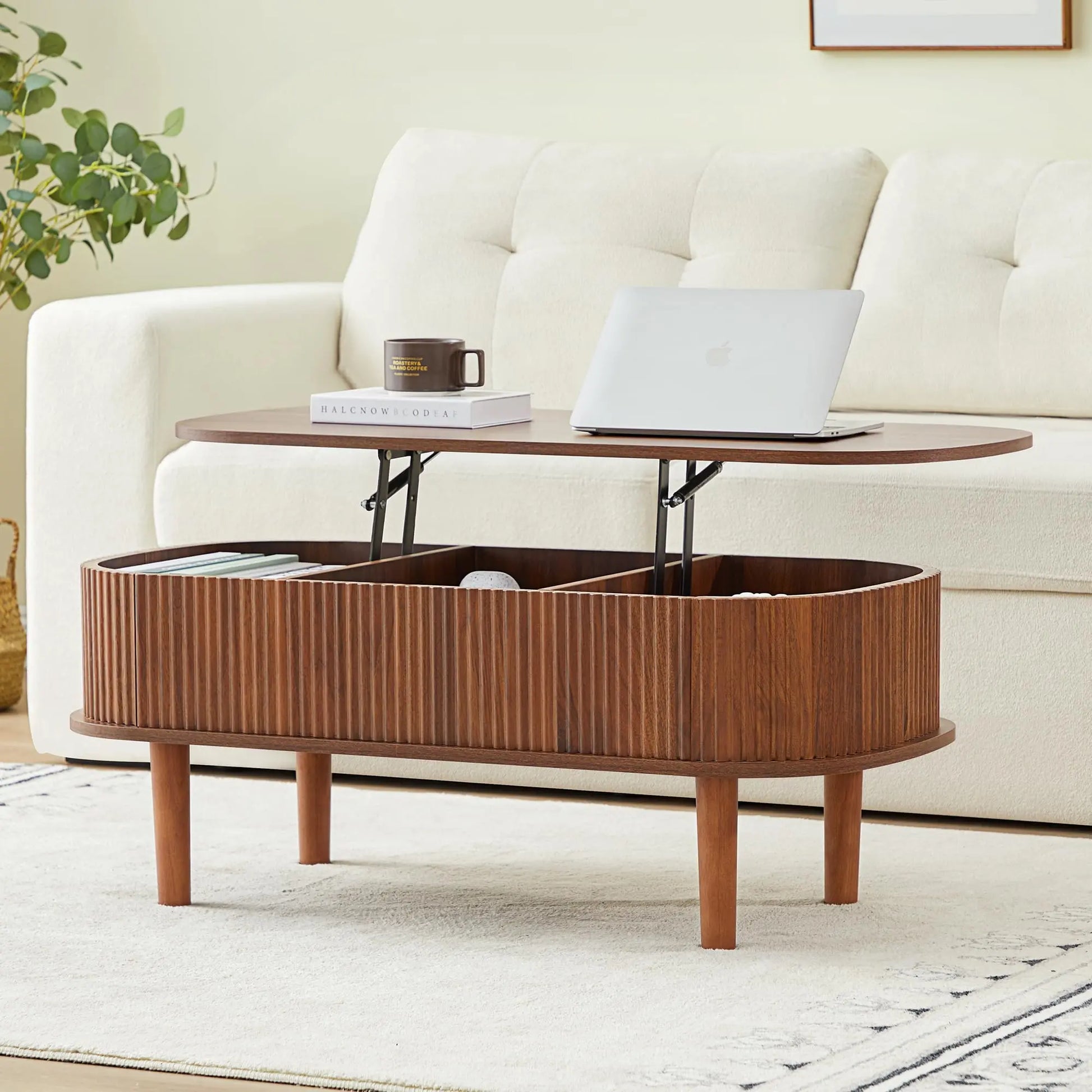 Giratree Fully Assembled Wooden Center Table, Fluted Lift Top Coffee Table with Hidden Compartment, Modern Oval Lift Tabletop for Home Living Room Office