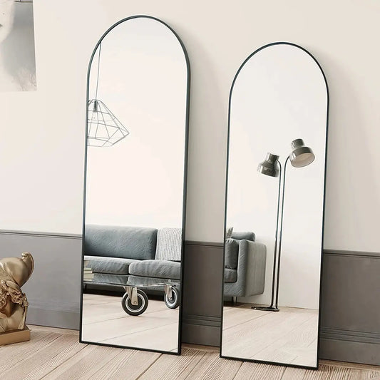 Full Length Black-Arched Floor Mirror with Stand Glassless Design for Bedroom or Living Room Aluminium Decor