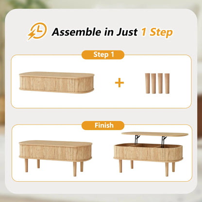 Giratree Fully Assembled Wooden Center Table, Fluted Lift Top Coffee Table with Hidden Compartment, Modern Oval Lift Tabletop for Home Living Room Office