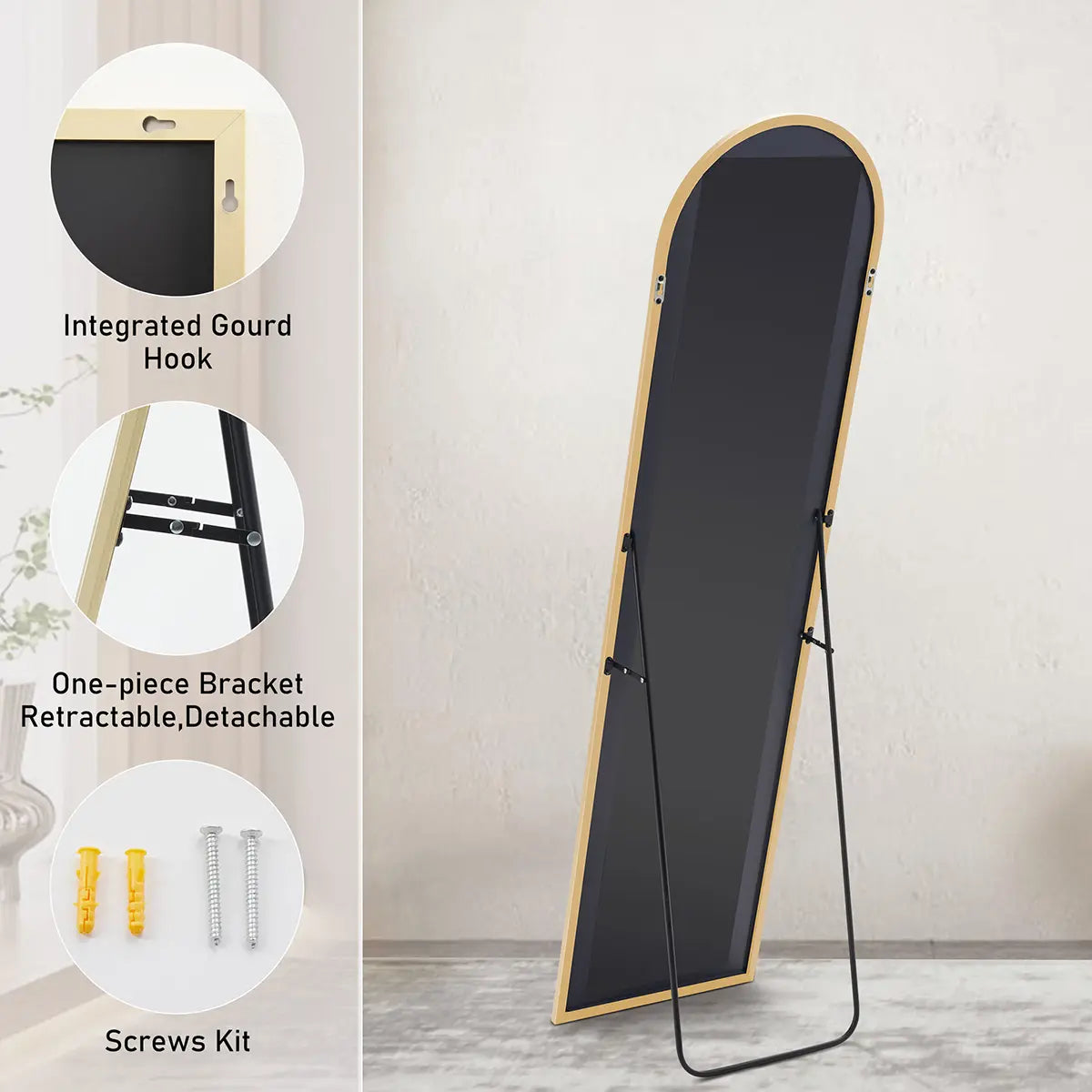 Full Length Black-Arched Floor Mirror with Stand Glassless Design for Bedroom or Living Room Aluminium Decor