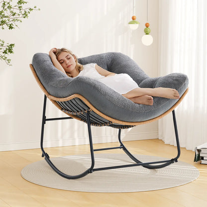 【Double-Side Fabric & SPOTLIGHT DAY】ONBRILL Oversized Indoor Outdoor Rocking Chairs, Comfy Papasan Rocking Chair with Padded Cushion, Rattan Wicker Lounge Chair, Modern Reading Accent Chair for Balcony Garden, Livingroom Furniture,Christmas Gift