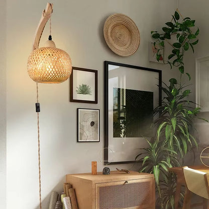 Bamboo Lantern Wall Lamp Natural Rattan Wicker E27 Chandeliers Hand-Woven Bamboo Room Decor Lampshades Wall Light Fixtures