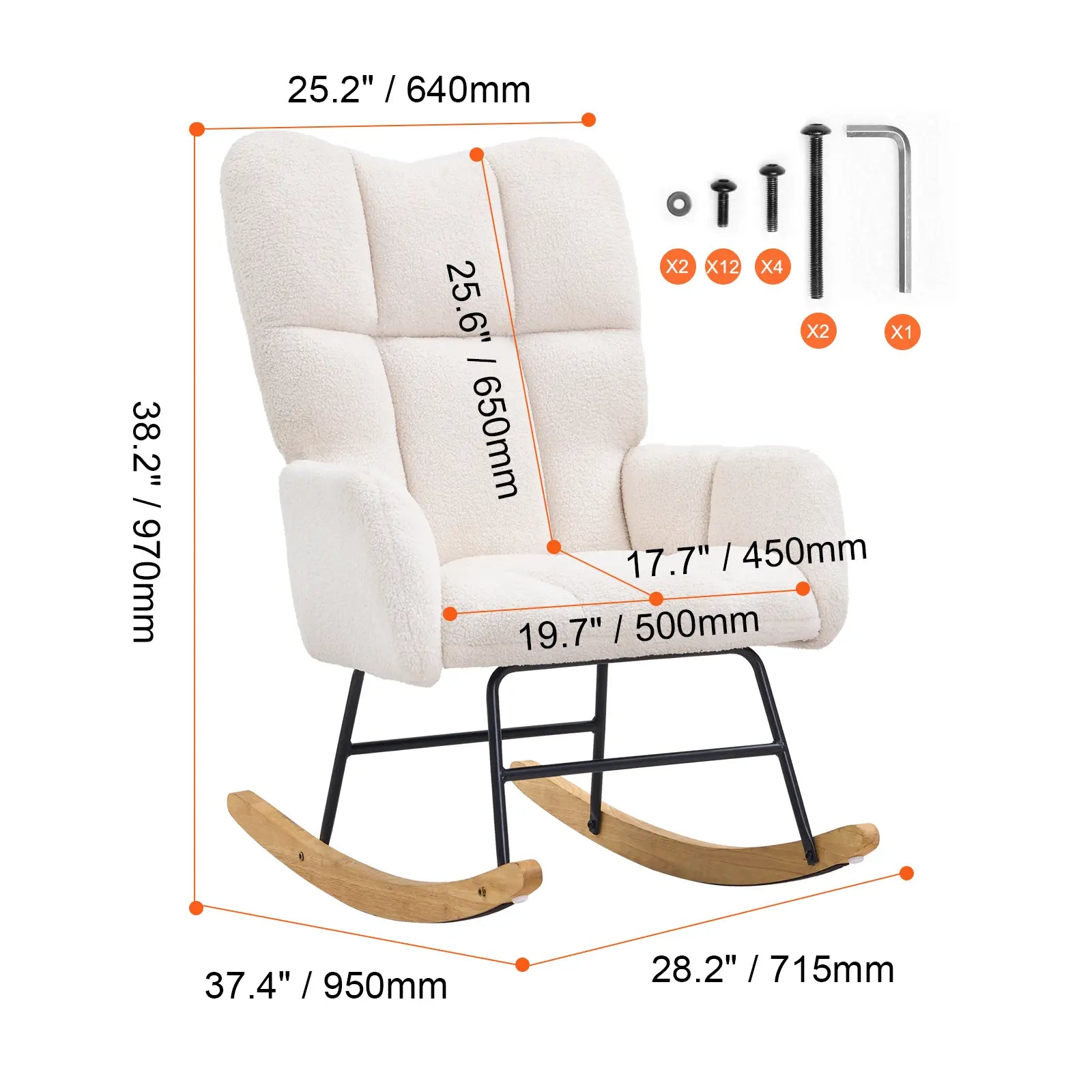 VEVOR Rocking Chair Nursery, Glider Rocking Chair with Soft Seat and High Backrest, 250 Lbs Weight Capacity Teddy Fabric, Upholstered Glider Rocker Chair for Nursery, Bedroom, Living Room, Ivory White