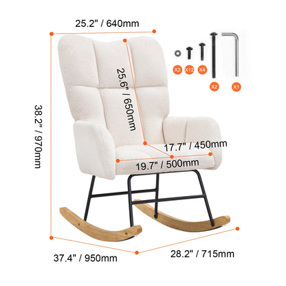 VEVOR Rocking Chair Nursery, Glider Rocking Chair with Soft Seat and High Backrest, 250 Lbs Weight Capacity Teddy Fabric, Upholstered Glider Rocker Chair for Nursery, Bedroom, Living Room, Ivory White