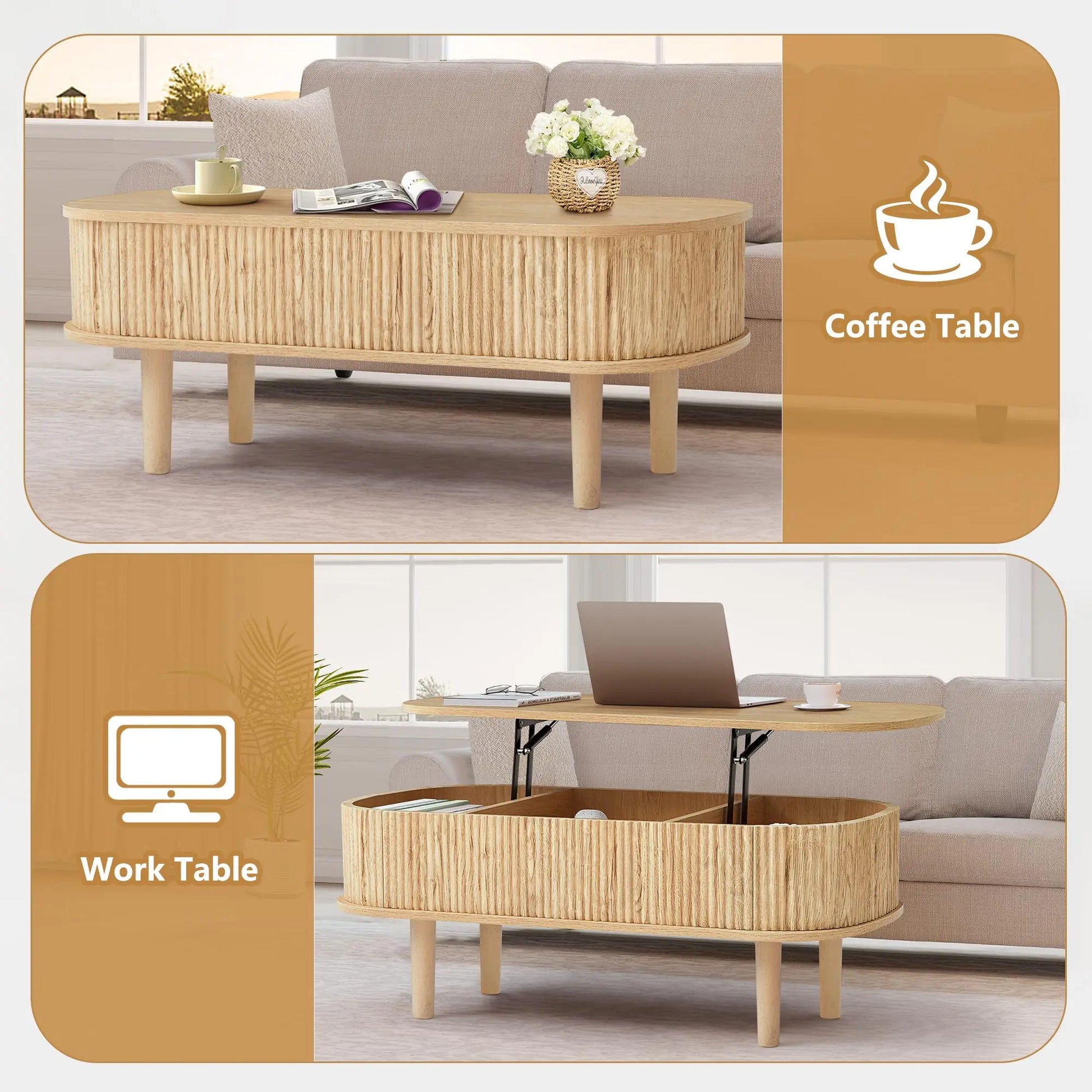 Giratree Fully Assembled Wooden Center Table, Fluted Lift Top Coffee Table with Hidden Compartment, Modern Oval Lift Tabletop for Home Living Room Office