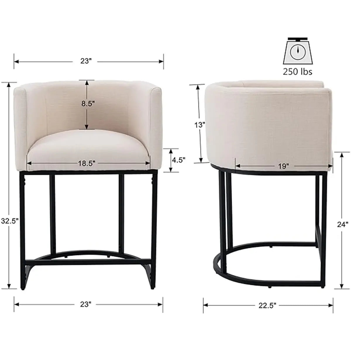 CHAIRUS 24" Counter Height Bar Stools, Modern Barrel Counter Stools with Backrest and Arms, Linen Fabric Bar Chairs with Black Metal Frames and Footrest,Upholstered Accent Bar Stools for Kitchen Island, Dining Room,Cream