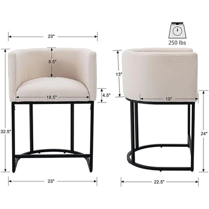 CHAIRUS 24" Counter Height Bar Stools, Modern Barrel Counter Stools with Backrest and Arms, Linen Fabric Bar Chairs with Black Metal Frames and Footrest,Upholstered Accent Bar Stools for Kitchen Island, Dining Room,Cream