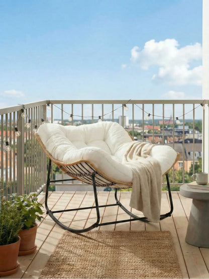 【Double-Side Fabric & SPOTLIGHT DAY】ONBRILL Oversized Indoor Outdoor Rocking Chairs, Comfy Papasan Rocking Chair with Padded Cushion, Rattan Wicker Lounge Chair, Modern Reading Accent Chair for Balcony Garden, Livingroom Furniture,Christmas Gift