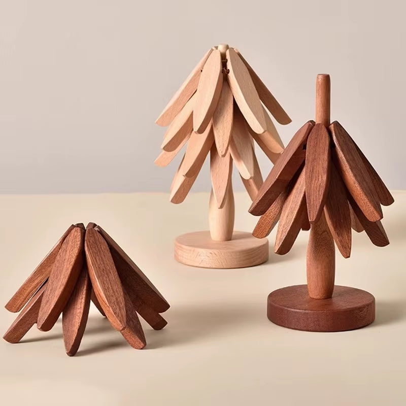 4PCS Trivets Wooden Trivets for Hot Dishes Insulation Pad Tree Shape Trivet Set Coaster for Teapot Hot Pots Halloween Christmas