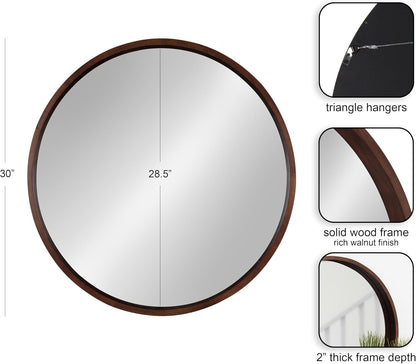 Elegant 30-Inch Hutton Round Walnut Decorative Wall Mirror - Perfect for Any Space