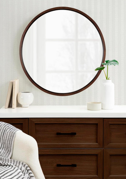 Elegant 30-Inch Hutton Round Walnut Decorative Wall Mirror - Perfect for Any Space