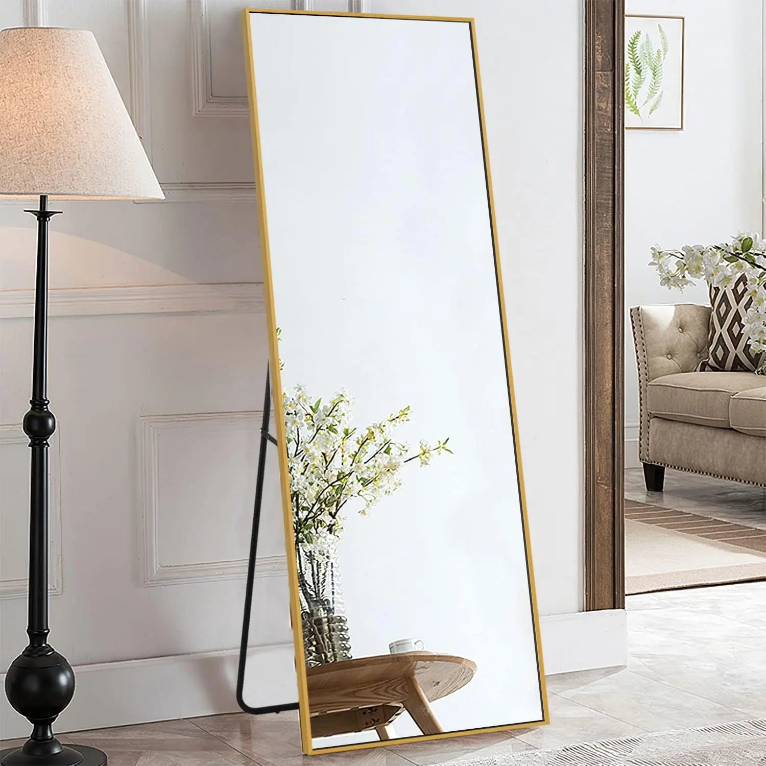 Full Length Black-Arched Floor Mirror with Stand Glassless Design for Bedroom or Living Room Aluminium Decor