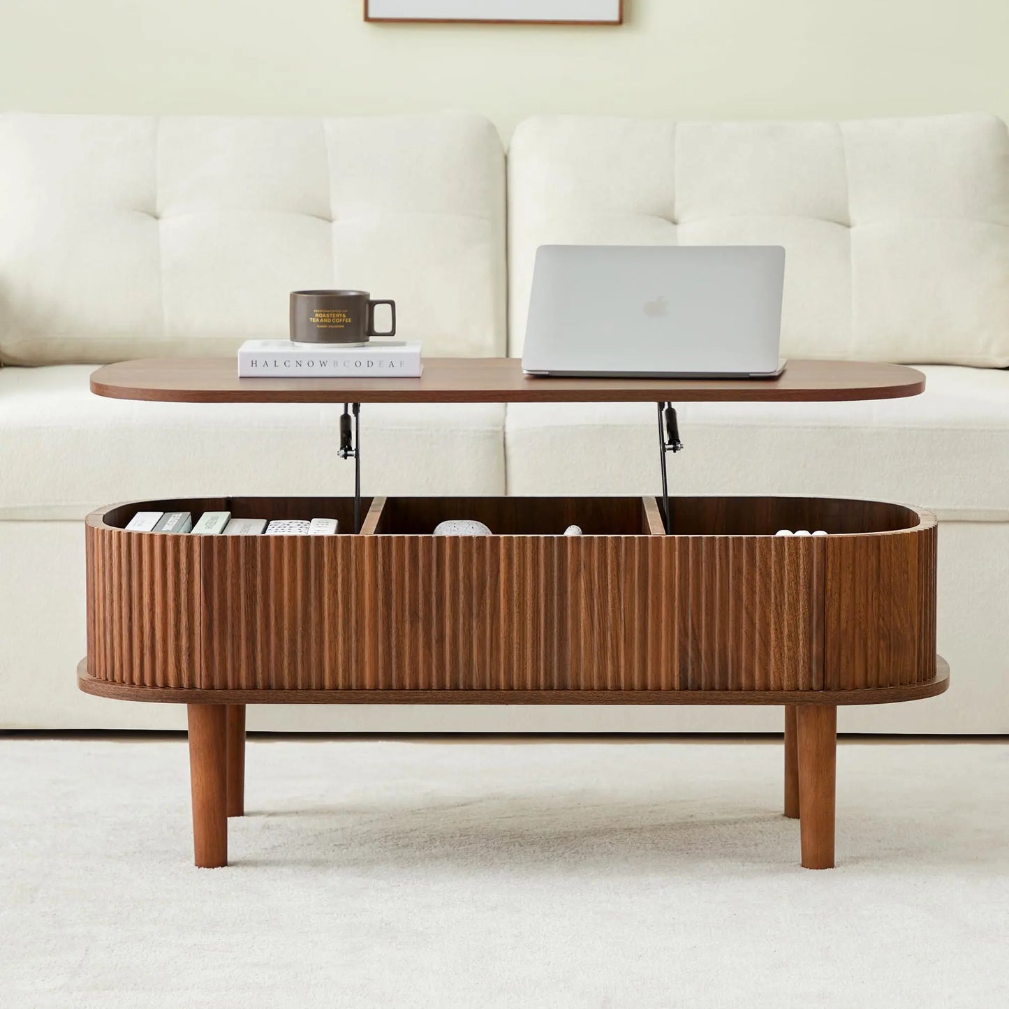 Giratree Fully Assembled Wooden Center Table, Fluted Lift Top Coffee Table with Hidden Compartment, Modern Oval Lift Tabletop for Home Living Room Office